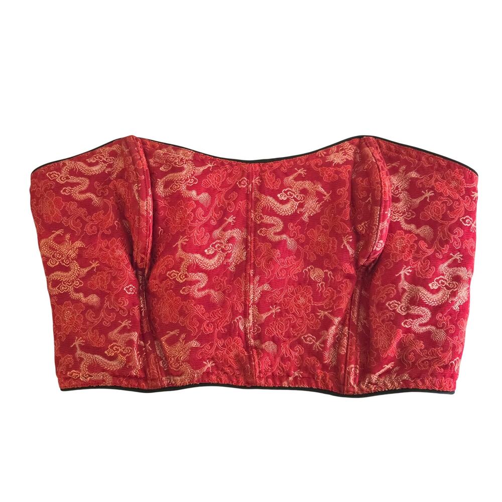 Vintage Victoria's Secret Red Dragon Brocade Lace-Up Corset Top L Silk Blend
